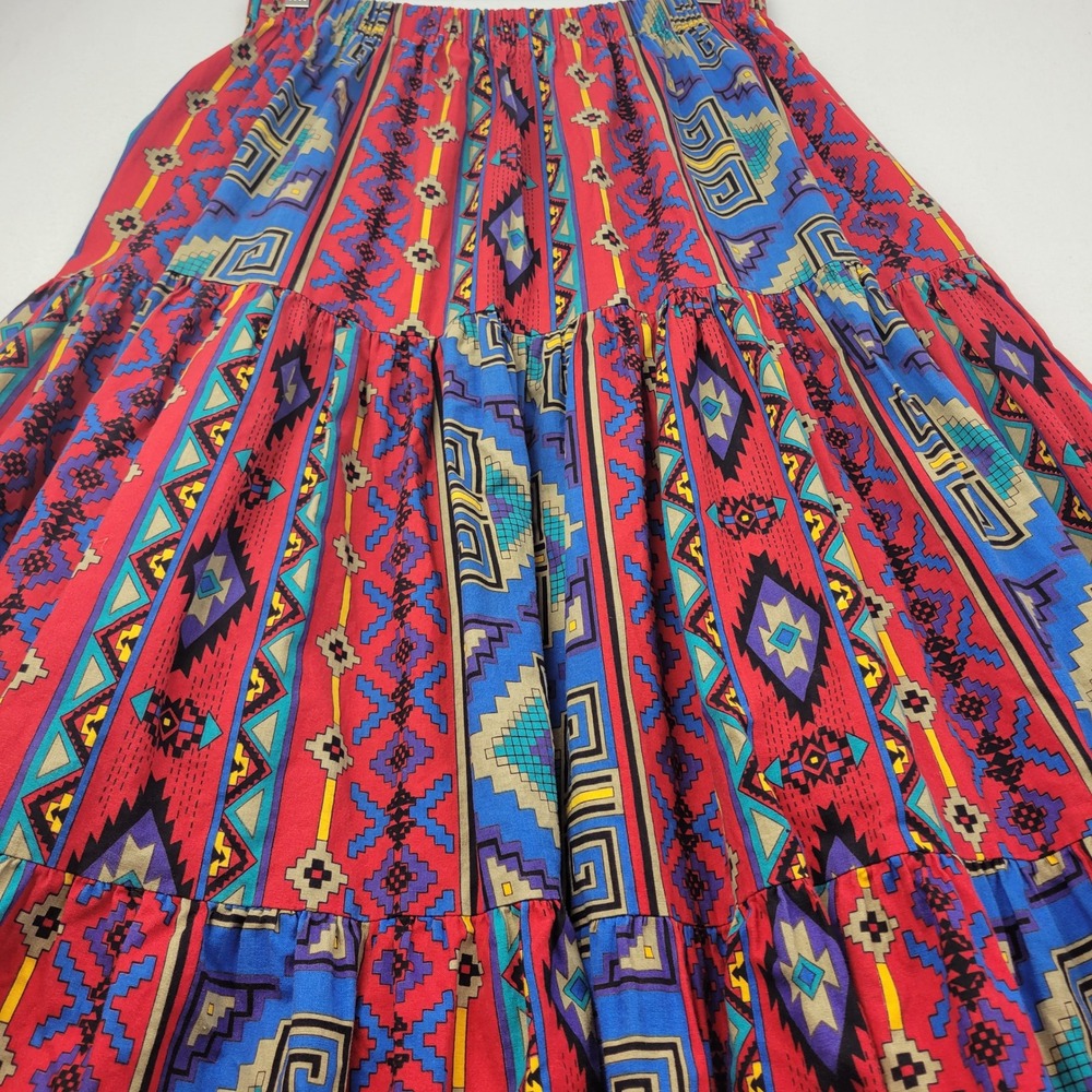VTG Tiered Maxi Skirt Southwestern Tribal Print Cotton Medium Tarango‎ Full - Picture 3 of 9
